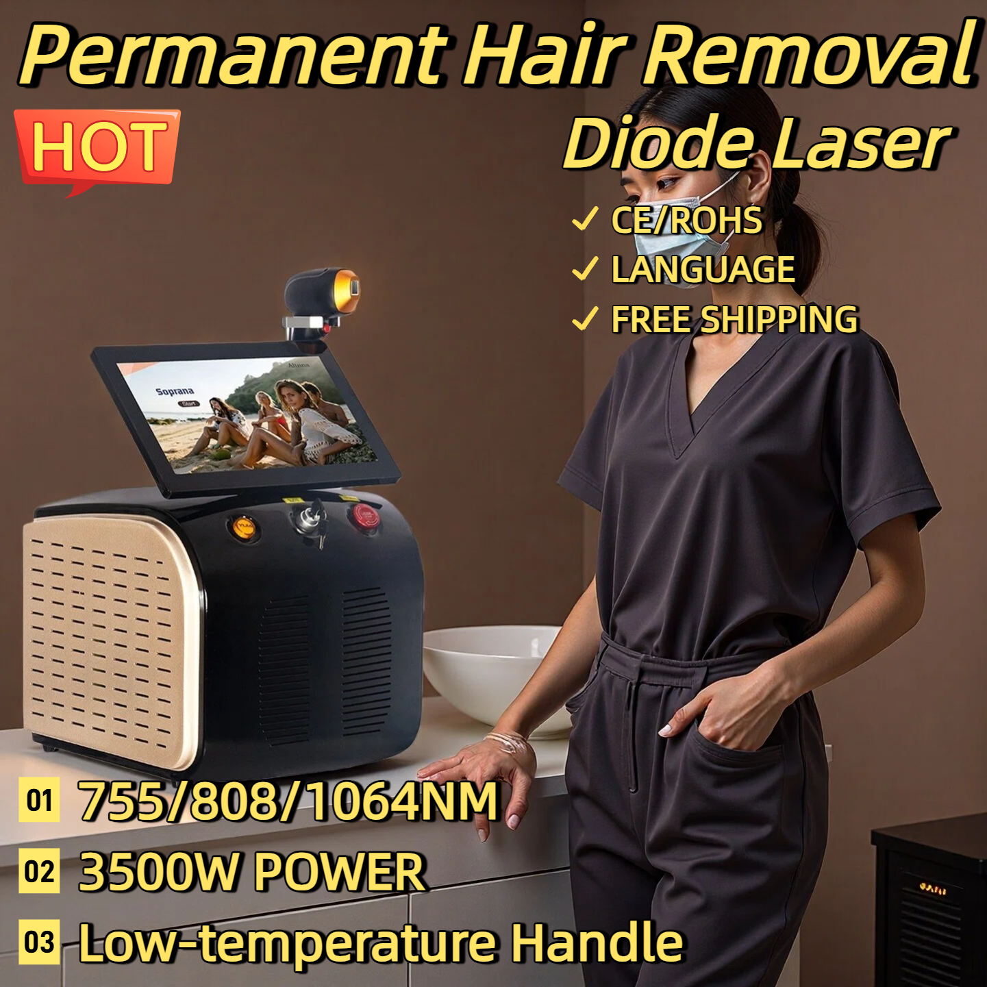 Portable High Power Ice Cooling Triple Laser 755 808 1064 Device Diode Laser 3 Wavelength Painless 808nm Hair Removal Machine CE/ROHS