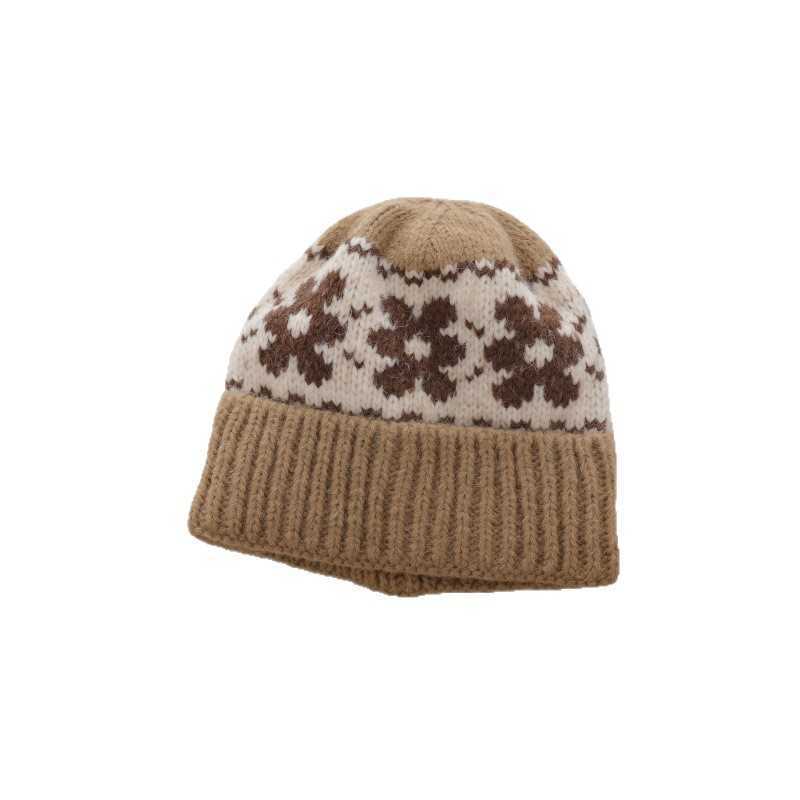 Floral Knitted Stylish Warm Wool Hat for Women Autumn and Winter Ear Protection Round Cold Hat Winter Knitted Hat College Style H251020
