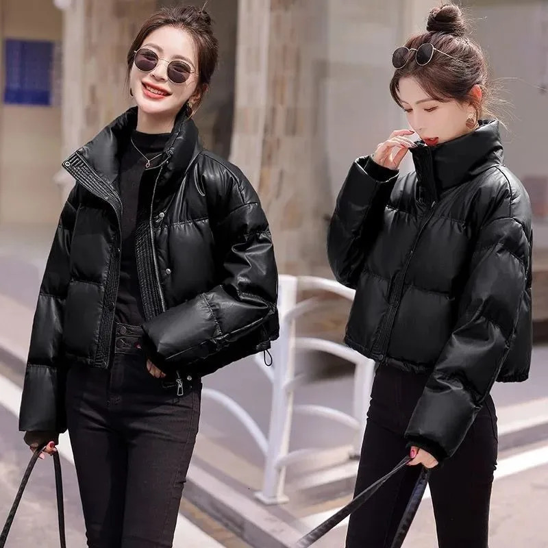 Solid Color Windproof Cropped Puffer Jacket Women Winter Thick Short Coat Warm Fluffy Parka Vintage Tops Womens Clothing 251021