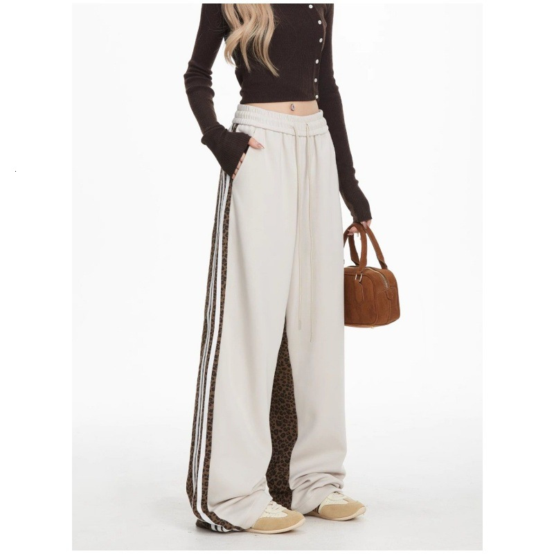 2025 leopard print wool lining designer thickened sports pants autumn and winter new retro hip-hop loose fashion brand striped sports straight leg pan