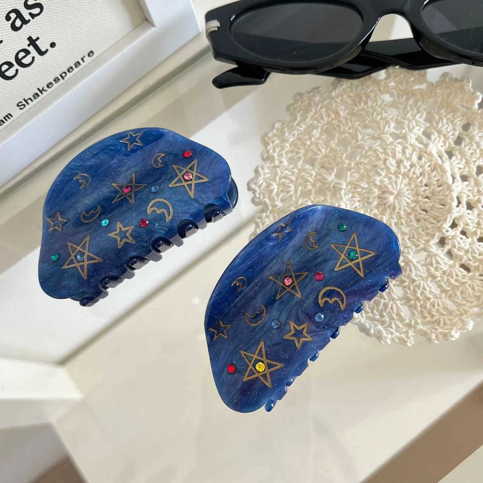 Ins Hot Sale Fashion Dazzling 8CM Moon Little Star Blue Hair Clip Exquisite Acrylic Shark Clip Hair Accessories For Woman GirlsW254021