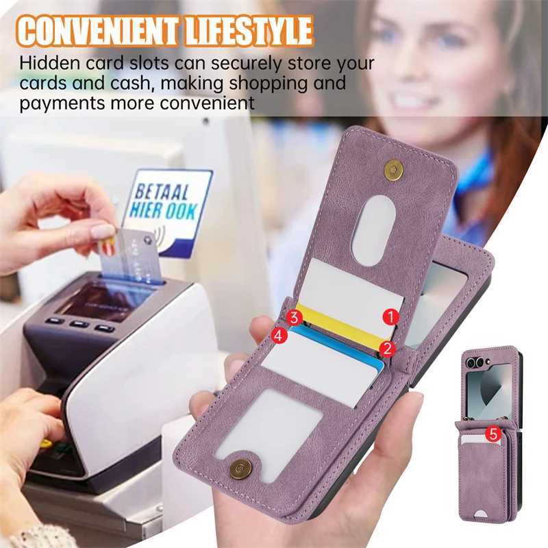 Leather Wallet Card Holder Case for Galaxy Z Flip 7 6 5 4 3 ZFlip Flip6 Flip5 Flip7 with Crossbody Lanyard Bag Cover J251114