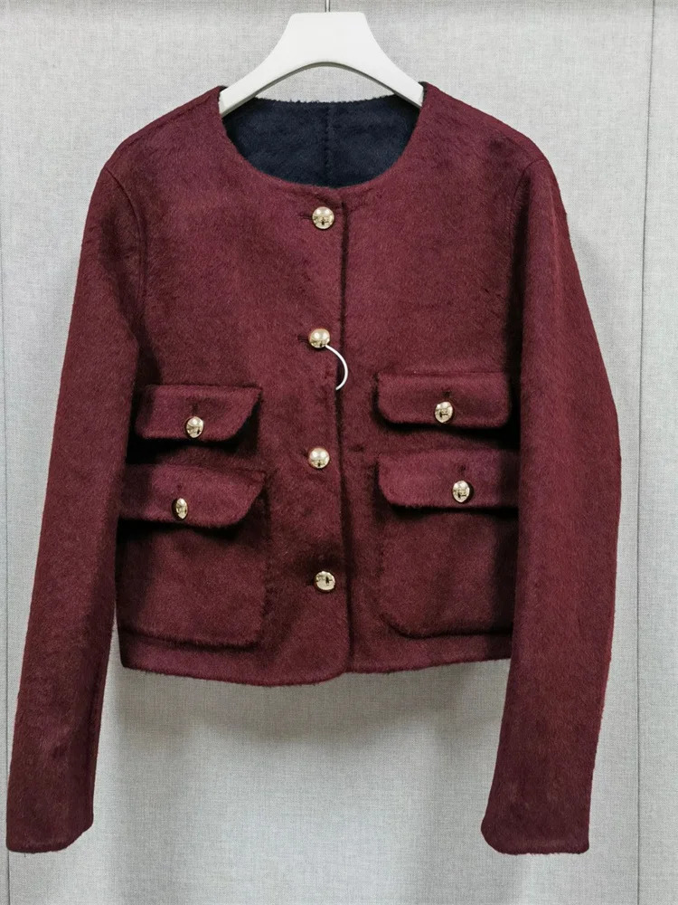 Autumn Winter Womens DoubleSided Woolen Short Coat Round Neck Long Sleeve Female SingleBreasted Warm Jacket Top with Pockets 251013