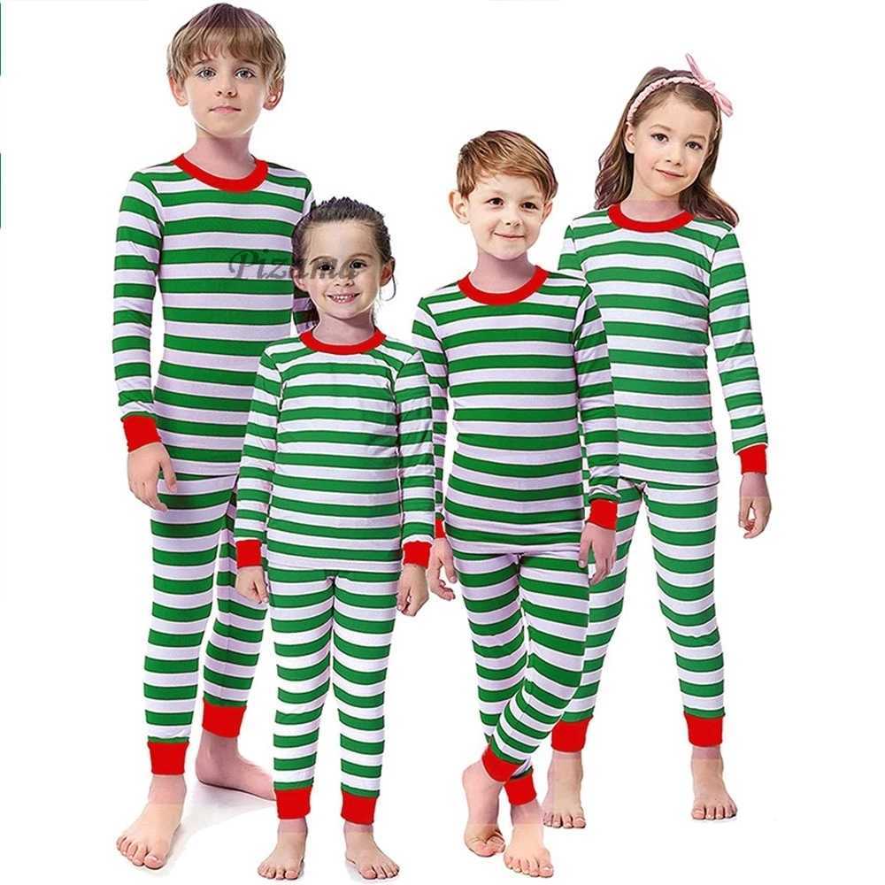 Matching Family Christmas Pajamas Children GreenWhite Striped Sleepwear Xmas New Year 100 Cotton Nightwear Family Look Outfits L2510217YX0