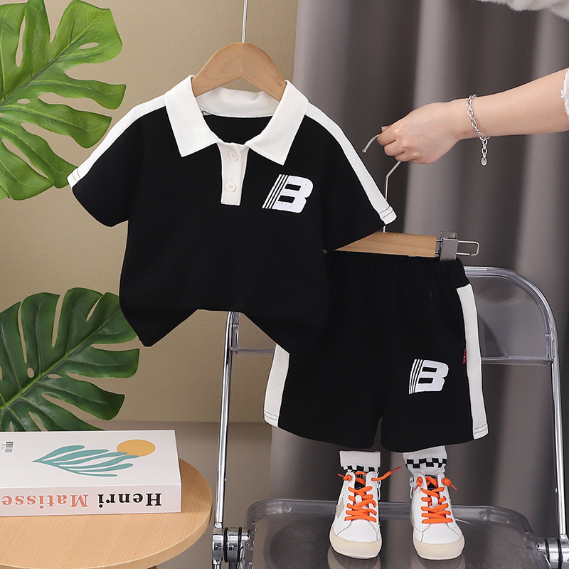 Free Shipping 2025 Kids Polo Shirt Set 2-Piece, Color Blocking Letter Print Short Sleeve Outfit, Boys Girls Summer Casual Clothes for Toddlers