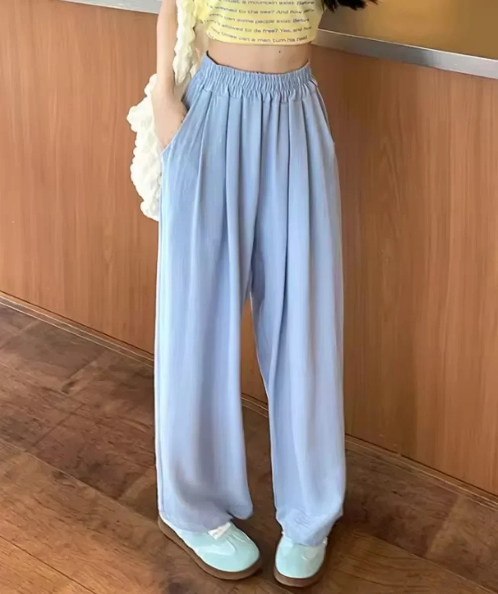 Solid color Women AnkleLength Wide Leg Pants Casual Summer Elastic Waist Loose Ice Silk Spring Female Trousers 251015