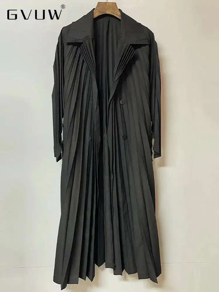 GVUW Pleated Lapel Windbreaker Women Single Breasted Full Sleeve Laceup Solid Color Vintage Style 2025 Trench Coats 17G9335 251013