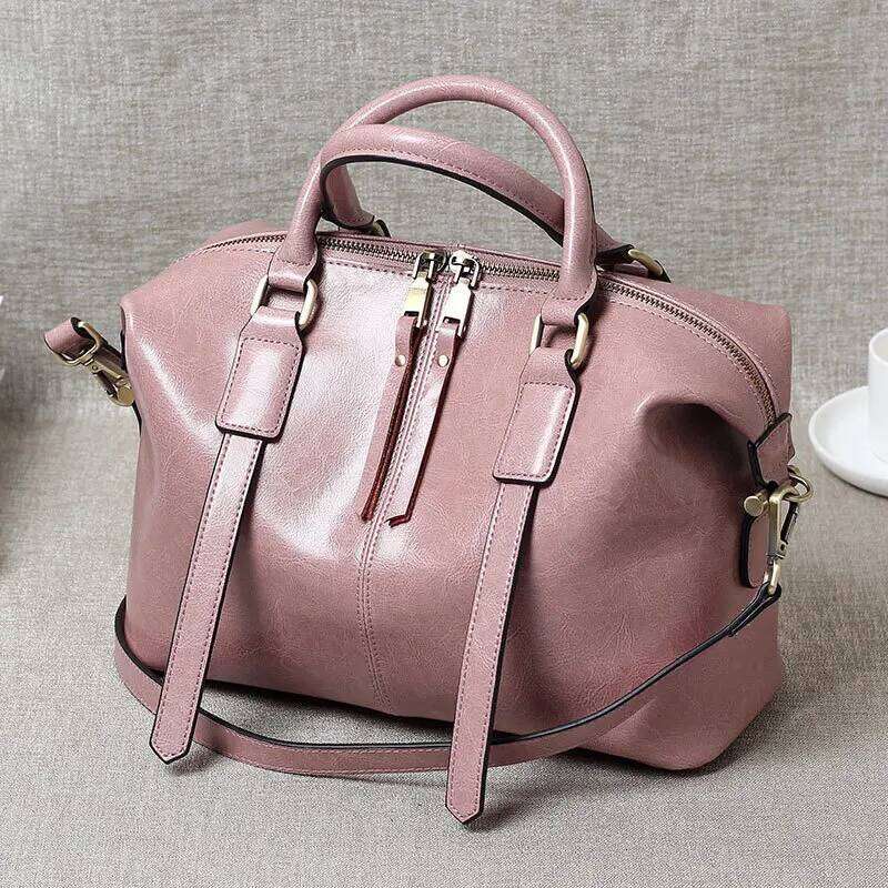 Retro Handheld Oil-Waxed Cowhide Leather Women's Boston Large Capacity Trendy Women Shoulder Crossbody Bag Spacious Tote 251021