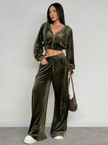 Womens Velvet Long Pants Set Autumn Winter Zipper Sweatshirt Loose Fit Casual Sportswear Plain Pattern 251021