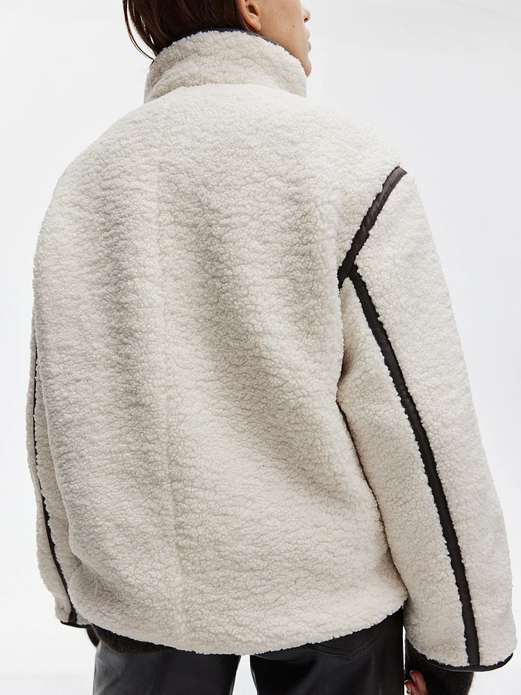 PBZA womens autumn and winter fleece jacket stand up collar single breasted loose warm teddy top 251021