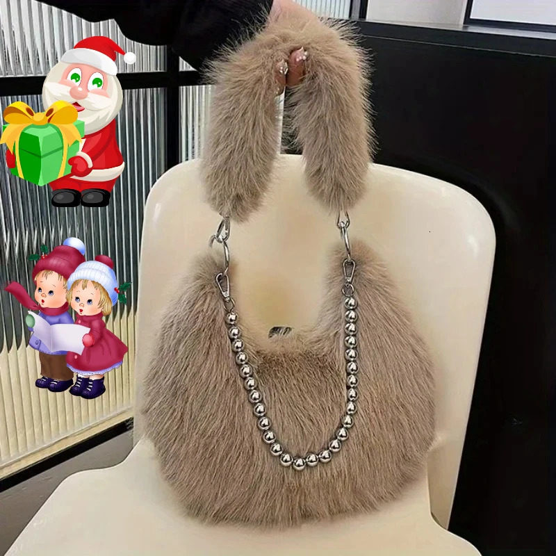 Luxurious Faux Fur Tote Bag Chic Underarm Shoulder Bag Stylish Handbag Purse with Pearl Chain Strap Polyester Lined Interior 251015