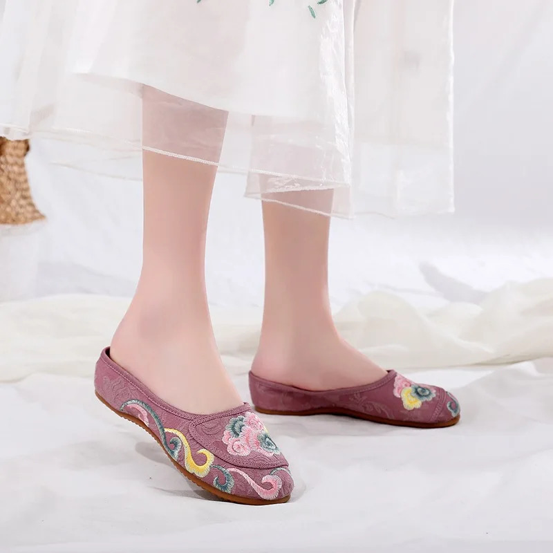 Veowalk Women Jacquard Fabric Slippers Mules All Seasons Vegan Ladies Comfortable Slide Flat Shoes Chinese Embroidery 251011