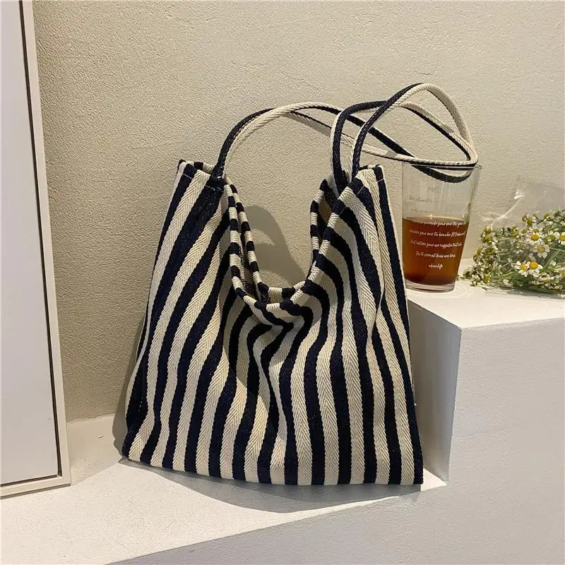 Large Capacity Canvas Women Shopper Tote Simple Striped Shoulder Bag Female Casual Multifunctional Travel Tophandle Handbag 251021