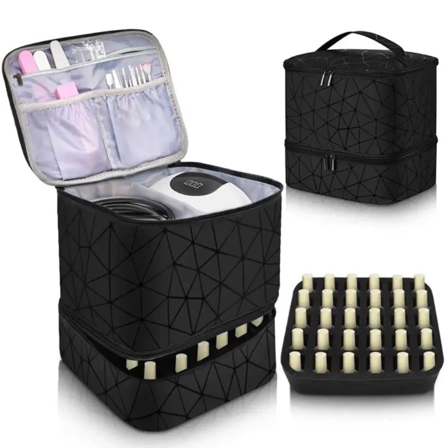 Professional Nail Case Cosmetic Organizer Bag Double Layer 30 Grids Nylon Makeup Handbag with Handle Portable Beauty Storage BagW251021