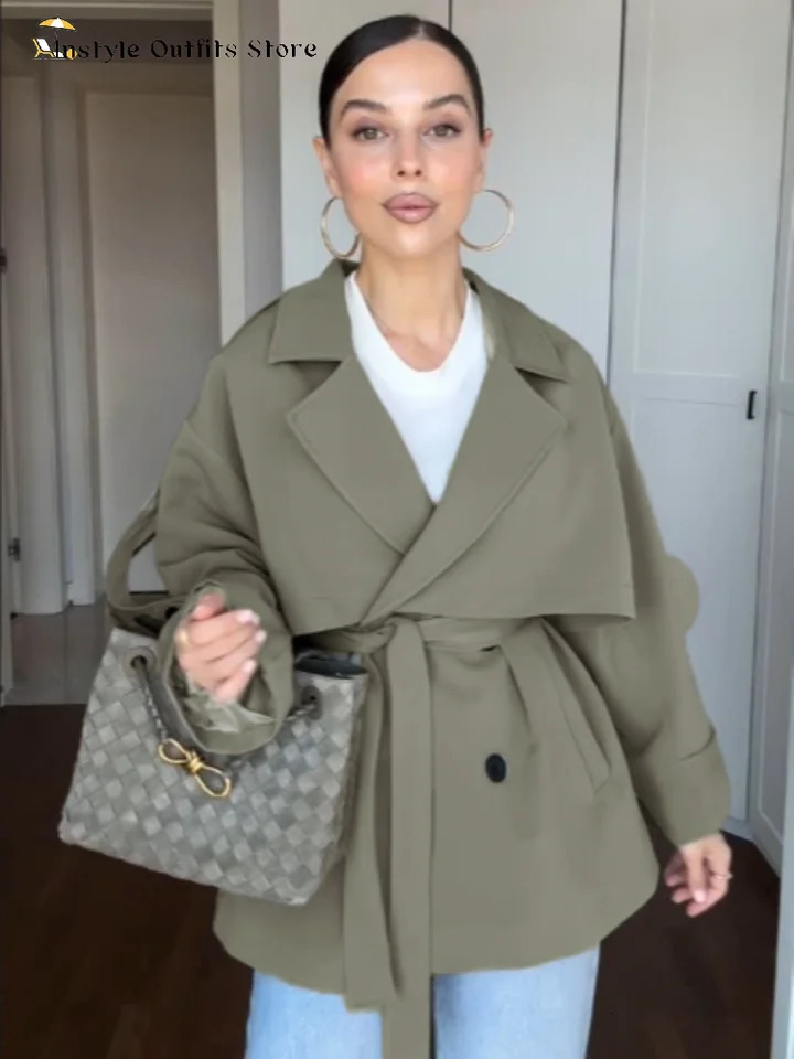 Elegant Trench Coat With Belt Womens Slim Vneck Full Sleeve Lapel Overcoat Autumn Winter Ladies Solid Streetwear 251017