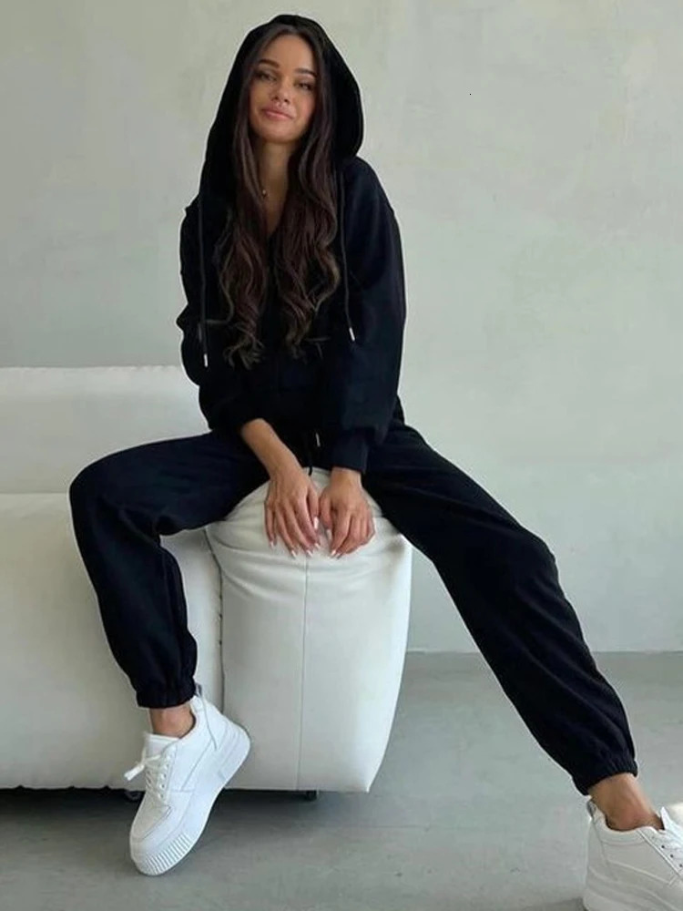 FSMG Casual Hooded Zippers Sweatshirts Pants Set Long Sleeved Cardigan Laceup Sportswear Two Pieces Female Tracksuit Suit 251021