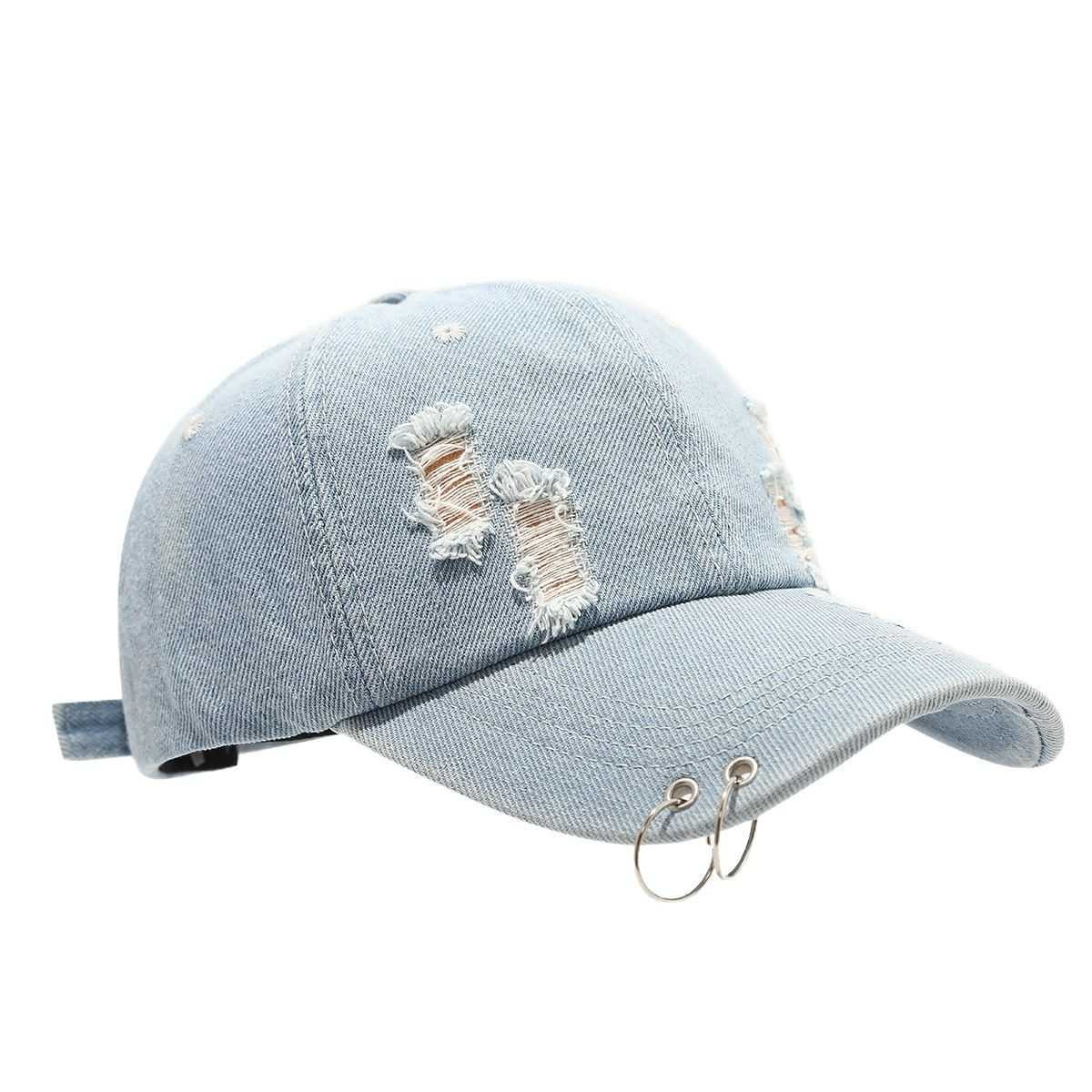 Womens Trendy Ring Denim Ripped Baseball Cap Mens Unique Street Performance Hiphop Duckbill Cap H251020