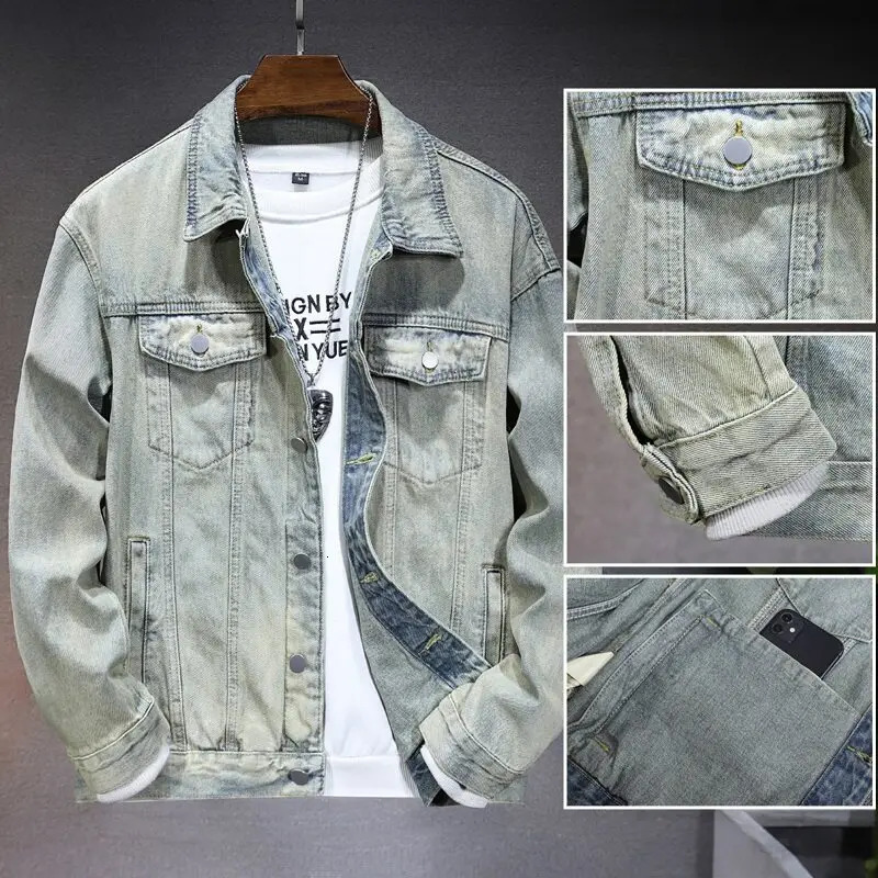 Mens casual denim jacket for spring and fall metallic singlebreasted denim jacket size M5XL 251010