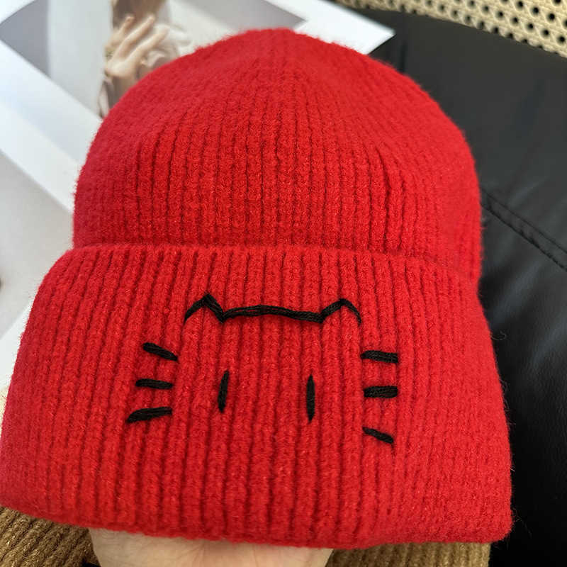 Hat Versatile 2025 Autumn Winter Style Knitted Hat New Cute Cat Handmade Embroidery Warm Ear Protection Knitted Fashion H251020
