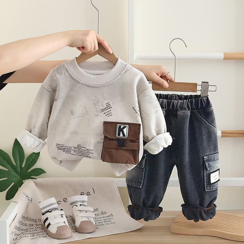 Free Shipping 2025 New Boys Fleece-Lined Outfit 2-Piece Set, Kids Crewneck Warm Tracksuit, Winter Clothing for Toddler Boys