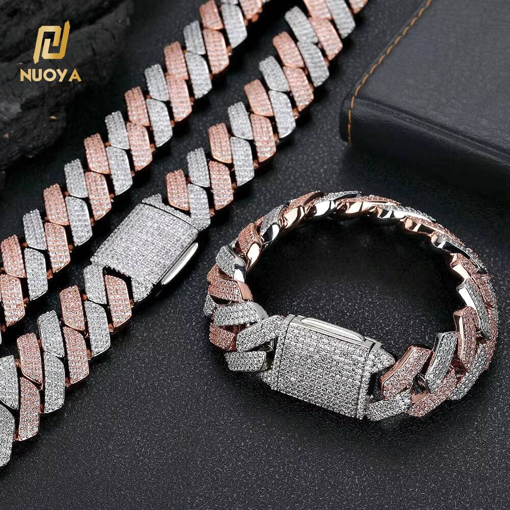 20mm Pink Silver Gold Plated Cuban Link Brass Chain Hip Hop Iced Out Diamond Bracelet Necklace Fine Jewelry for Men and Women