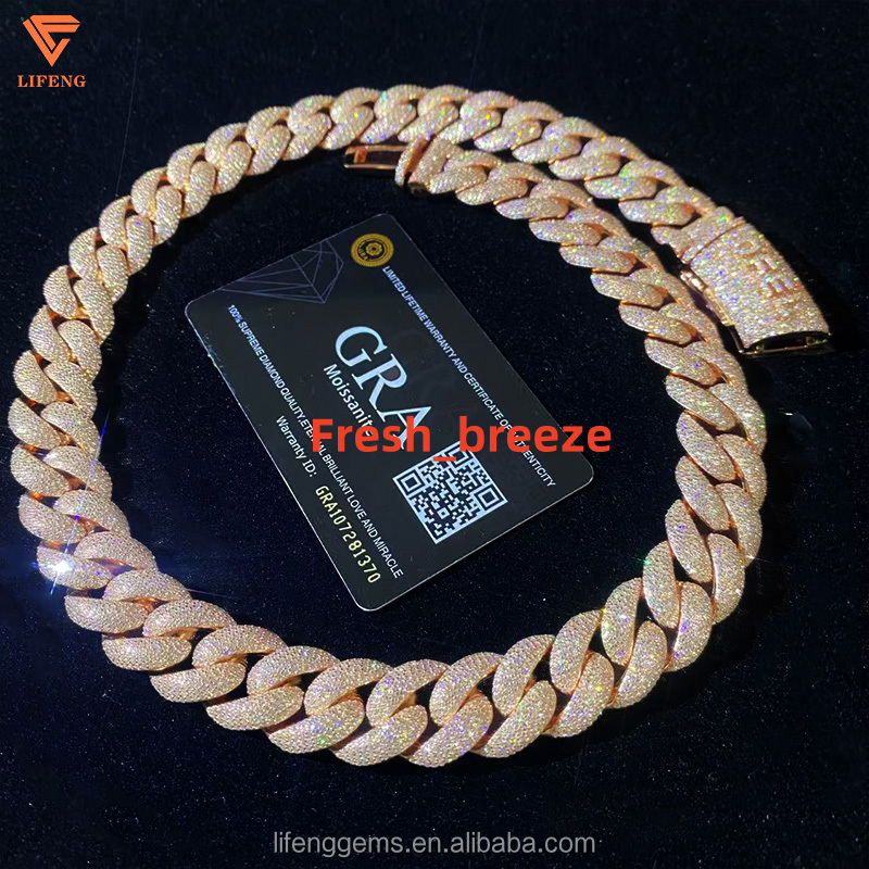 18MM Rose Gold Moissanite Diamond Iced Out Cuban Necklace 925 Sterling Silver VVS Moissanite Hip Hop Miami Cuban Link Chain