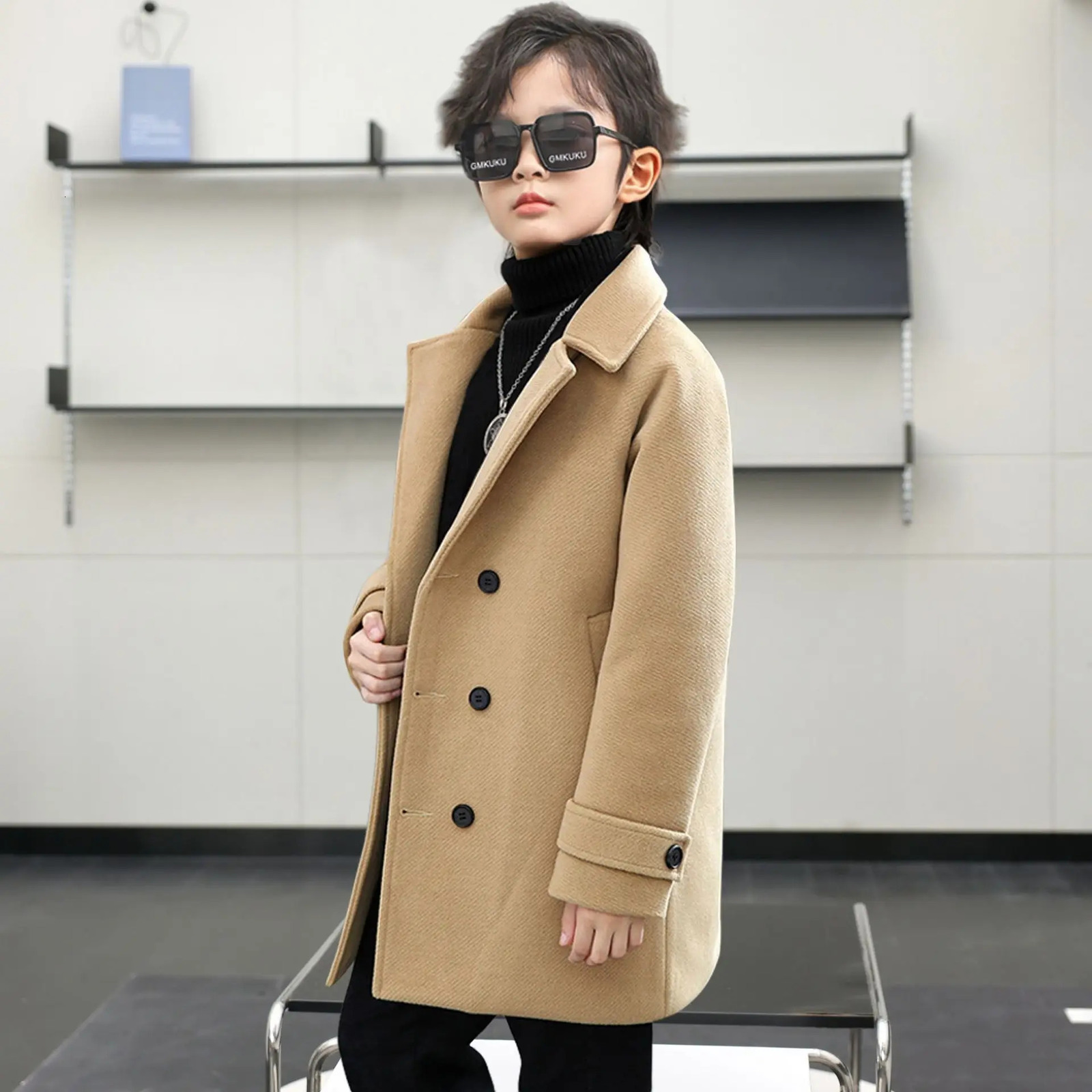 Kid Fromal Birthday Party Pography Woolen Coat Children Winter Green Khaki Wool Coat Boys Girls Windproof Outdoor Long Jacket 251017