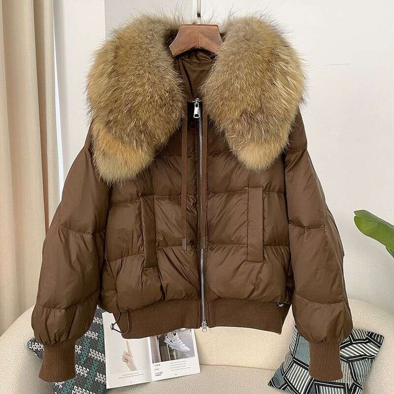 Women Clothing Ready to stock detachable oversized raccoon fur collar winter women short thickened white duck Warm jacket flat coat