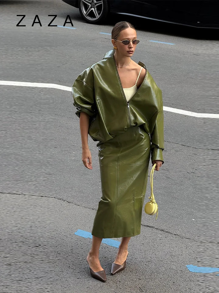 Vintage Solid Pu Leather Jacket Skirt Set High Neck Coat Slim Fit Long Skirt Coats Skirt Sets 2025 Autumn Winter Lady Outfit 251013