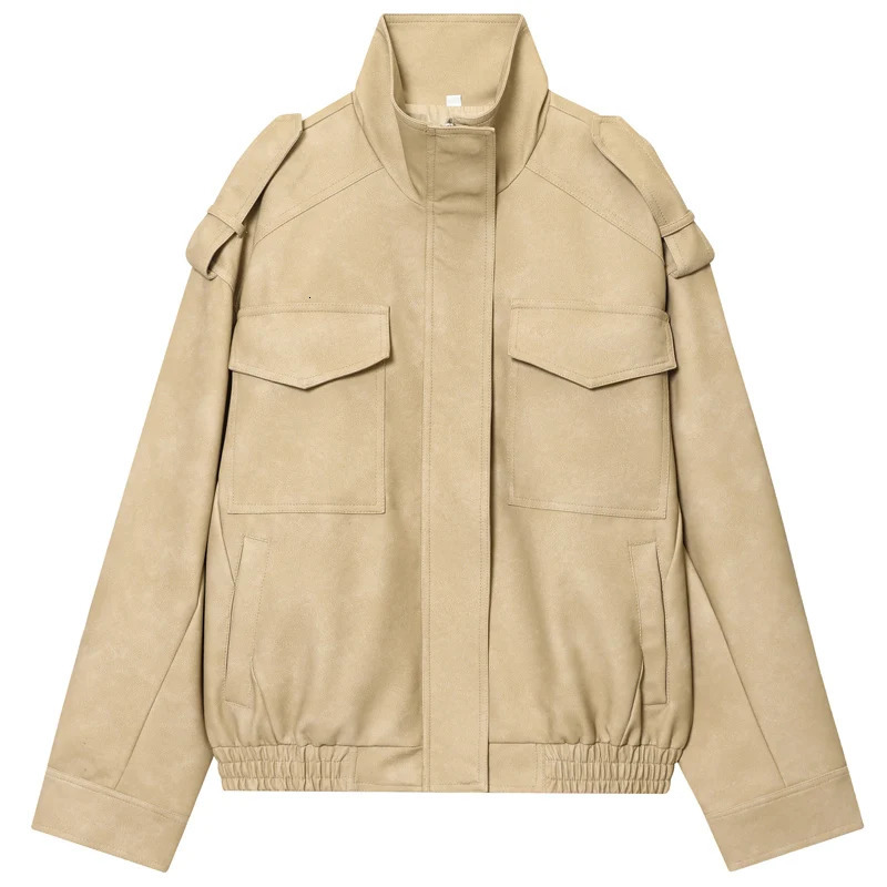 HXAO Leather Jacket Women Autumn Oversized Bomber In Coats Jackets Stand Collar Long Sleeve Tops Fashion Outerwears 251021