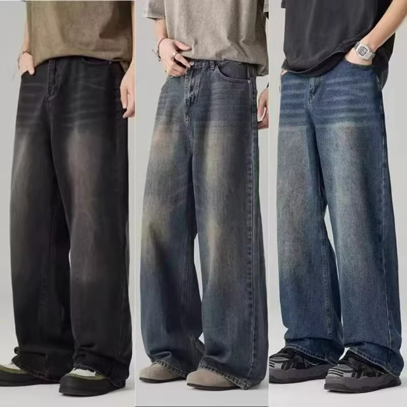 Men's Jeans Retro Blue Hole Punk Style Slim Fit Elastic Printed Casual High Street Loose straight-leg pantsMale Denim Pants