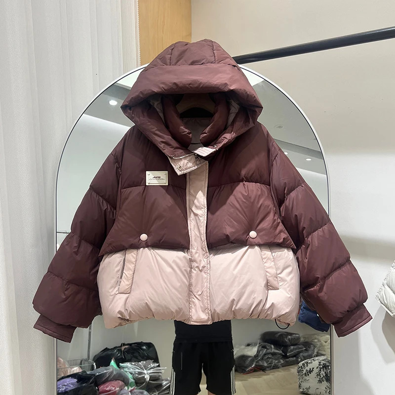 Winter Short Patchwork Hooded Parker Down Jacket Female Zipper Waterproof Thick Outwears Women White Duck Puff Warm Jackets 251017