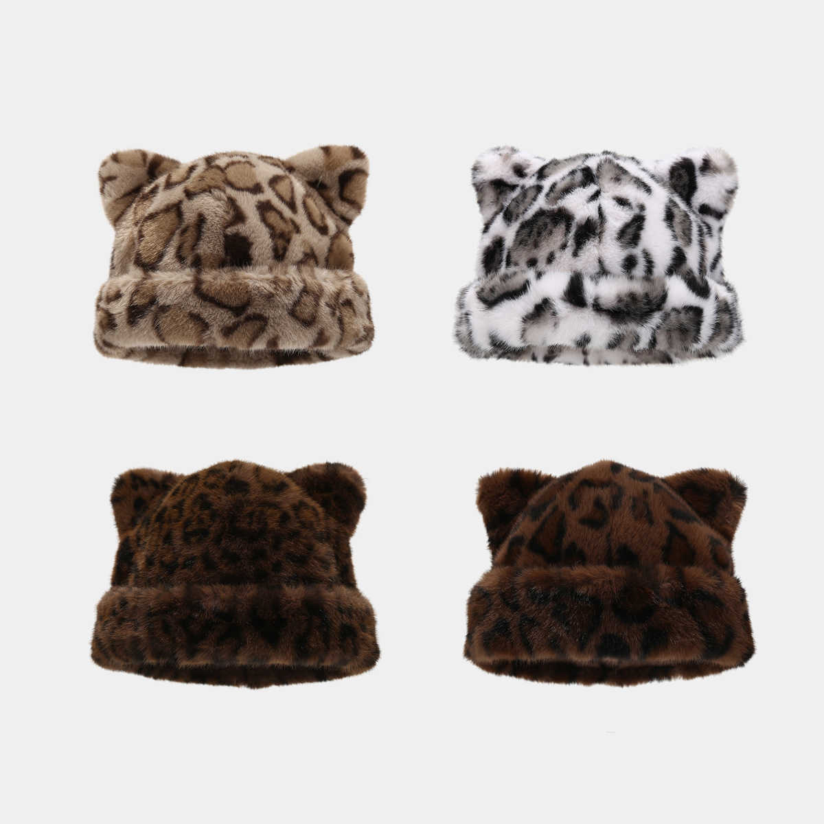 Fox Ear Leopard Print Plush Hat for Women Autumn and Winter Versatile Headwrap Hat Thickened Coldproof Warm Pullover Hat H251020