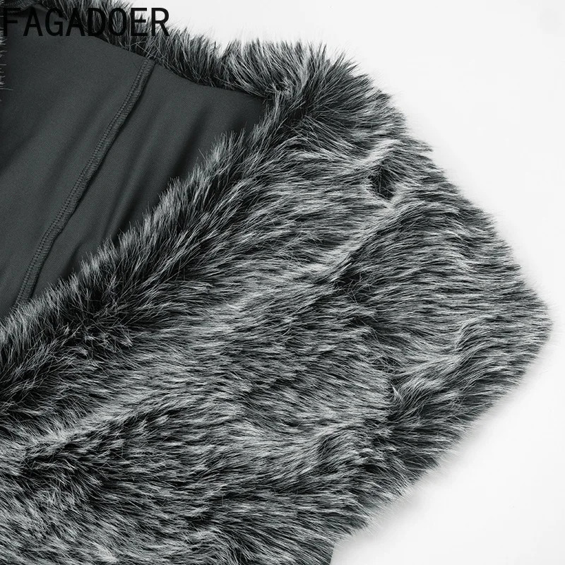 FAGADOER Sexy Fur Patchwork Jumpsuits Women Solid Color Deep Vneck Long Sleeve One Piece Rompers Female Party Clubwear Overalls 251020