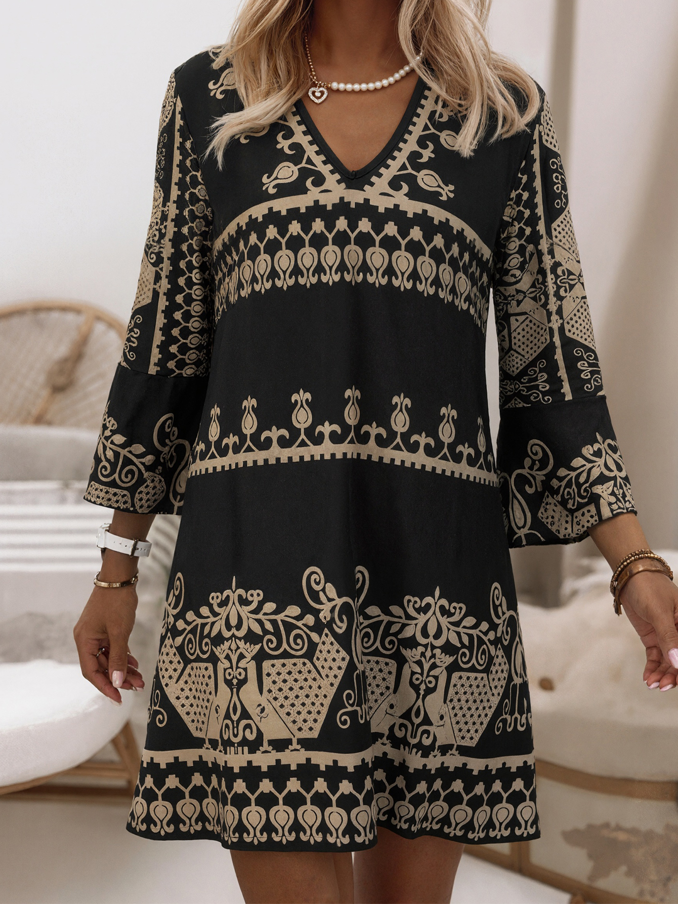 Women's Autumn & Winter New Ethnic Style Muslim Fashion Retro 3/4 Sleeve Dress, Milk Silk Casual Versatile Dress (S-XXL, Black)-CF53890