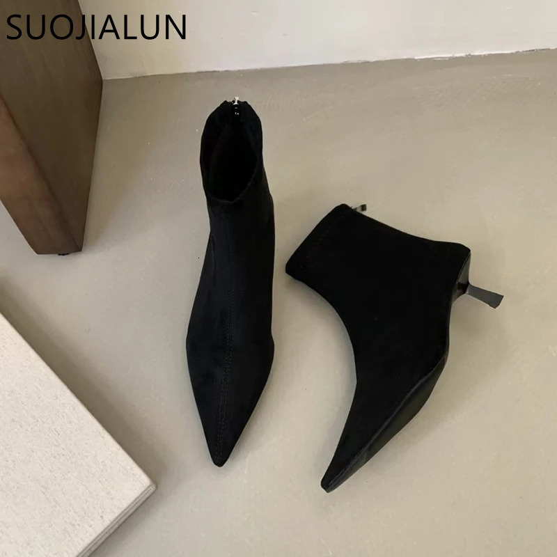 SUOJIALUN Winter Women Short Boots Fashion Pointed Toe Ladies Elegant Ankle Boots Thin High Heel Dress Pumps Shoe 251021