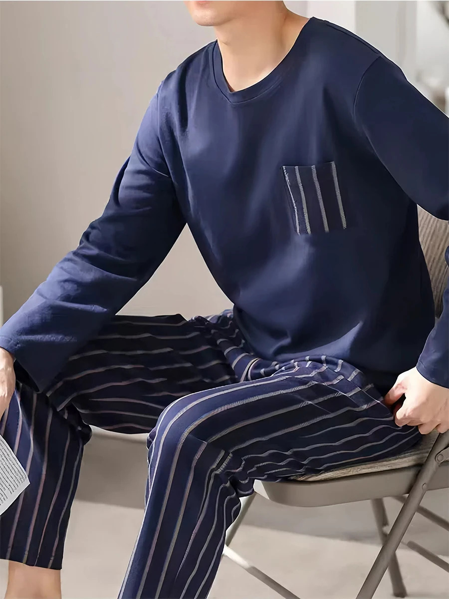 Teenage Mens Pajamas LongSleeved Spring and Autum Mens Pullover Plus Fat Large Size Home Clothes Suit Thin 251021