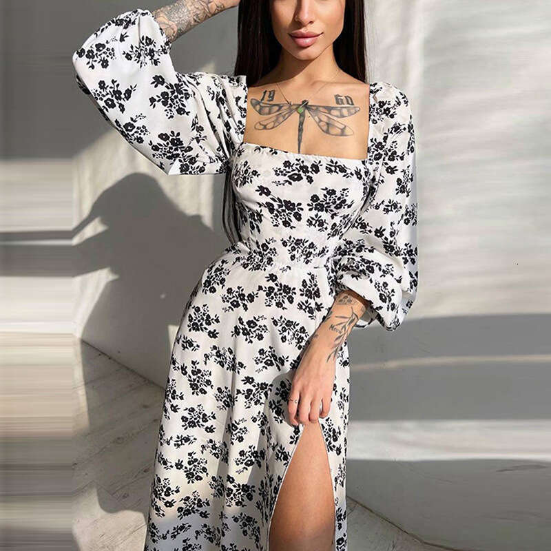 2025 Autumn Women's Elegant Printed Lantern Split Long Sleeve Dress