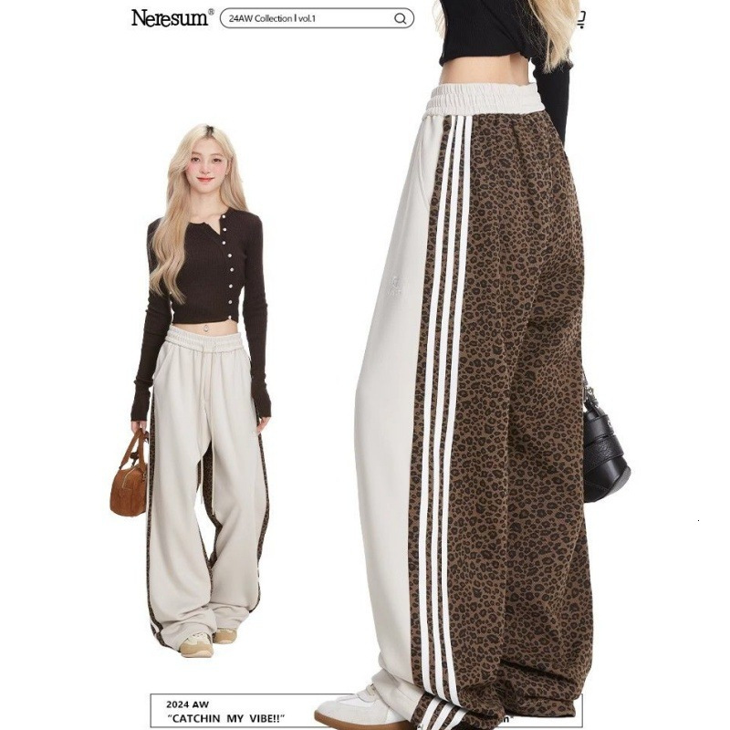 2025 leopard print wool lining designer thickened sports pants autumn and winter new retro hip-hop loose fashion brand striped sports straight leg pan