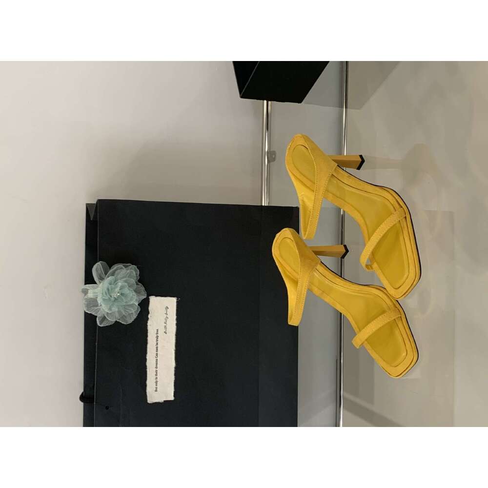 2025 Summer New High Sandals for Women Black Square Open Toe One Strap Thin Heel Designer Shoe Slippers Single Shoes