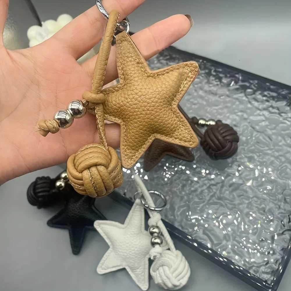 Leather Star Keychain Pentagram Car Keyring with Woven Leather Rope Ball Pendant Creative Bag Pendant Decoration for Women W251021