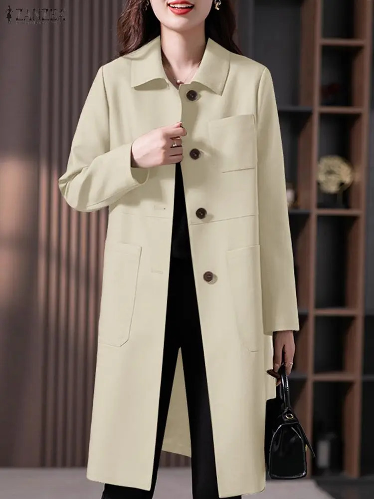 Women Autumn Trench Coats ZANZEA Fashion Lapel Long Sleeve Windbreaker Solid Outwear Office OL Coat Jackets Oversize 251017