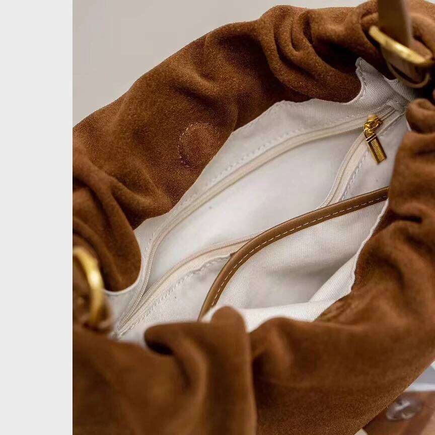 Suede Underarm New Genuine Leather Vintage Pleated Frosted Hand-Held Crossbody Fashionable Ladies Shoulder Bag Suotong1021