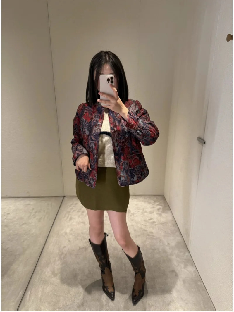 ETJ Womens Spring collection Elegant fashion print loose edition vintage crewneck cottonpadded jacket 251021