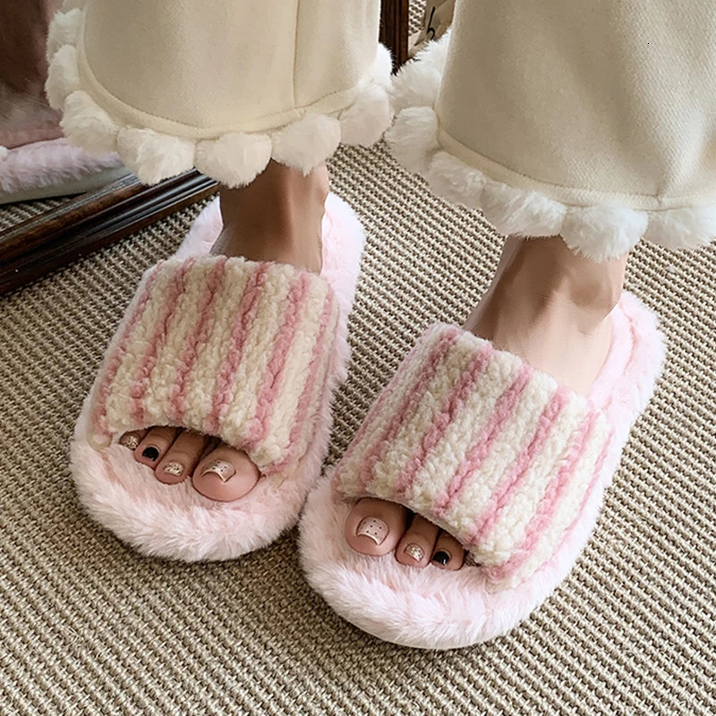 Korean Striped Fluffy Slippers Women 2025 Indoor Non Slip Open Toe Home Slides Woman Comfy Soft Sole Warm Cotton Slippers Female 251021