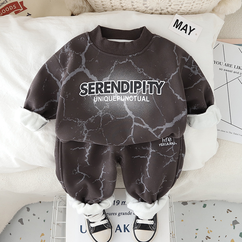 Free Shipping 2025 New Boys Fleece-Lined Sweatshirt Set, Letter Print Hoodie & Joggers 2-Piece, Warm Winter Outfit for Toddler Boys