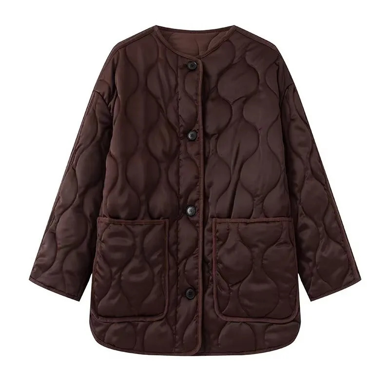 Autumn Womens Solid Color Retro Large Pocket Round Neck Long Sleeve Loose Quilted Cotton Jacket Coat 251017