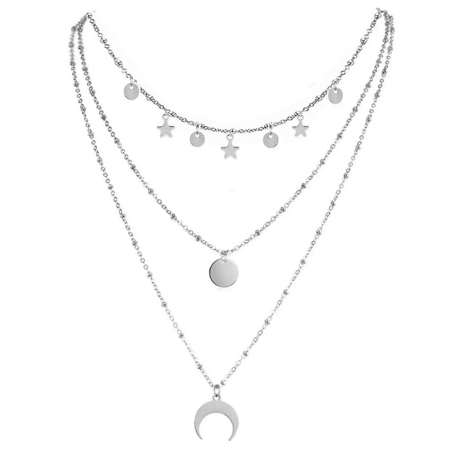 MinaMaMa Stainless Steel Stackable Chains Star Choker For Woman Girls Multilayer Horn Round Disc Moon Tassel Necklaces JewelryXJ251018