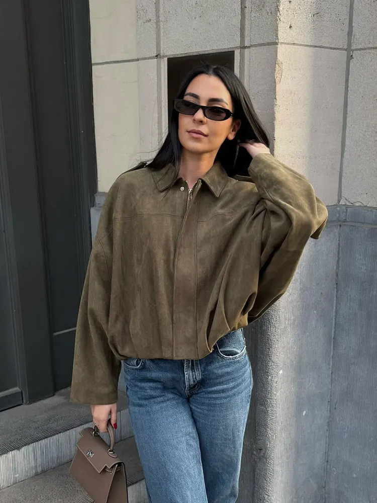 HH Womens Autumn Causal Loose Suede Texture Jackets Long Sleeves Solid Lapel Zipper Fly Coat Female Street Fashion Coats 251021