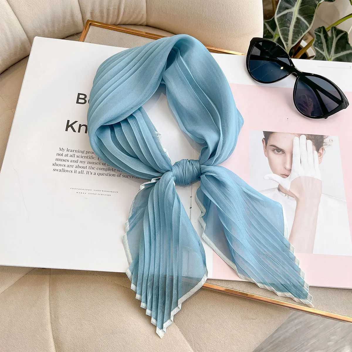 Women Pleated Satin Solid Scarf Headscarf Neckerchief Square Shawl Hair Tie Band HandKerchief Satin Foulard Scarves Decorative W251021
